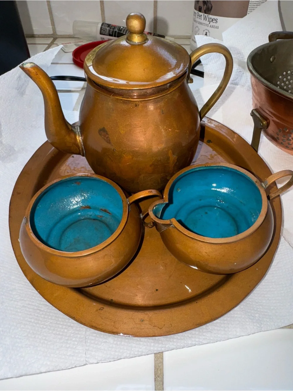 Copper-Tone Teapot and Serving Set with Teal Accents